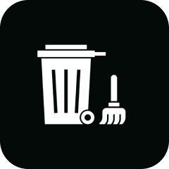 Trash can and broom icon on black.
