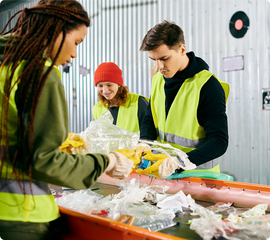 Workers sorting recyclables on conveyor belt